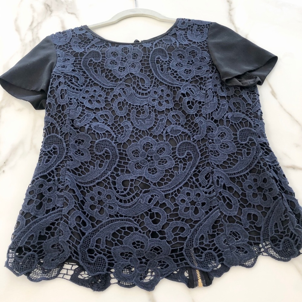 Rebecca Taylor Black and Navy Crochet Blouse